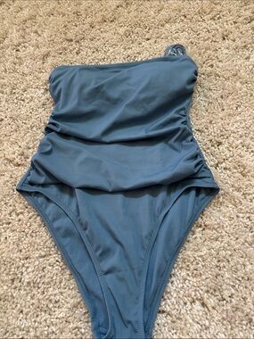 Shade & Shore Strapless Ruched Swimsuit in Dusty Blue